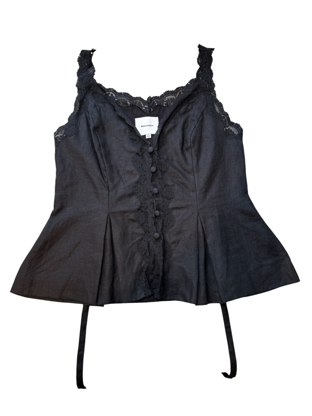 Reformation Josefina Linen Lace V-Neck Top Size 8 Black Romantic Goth